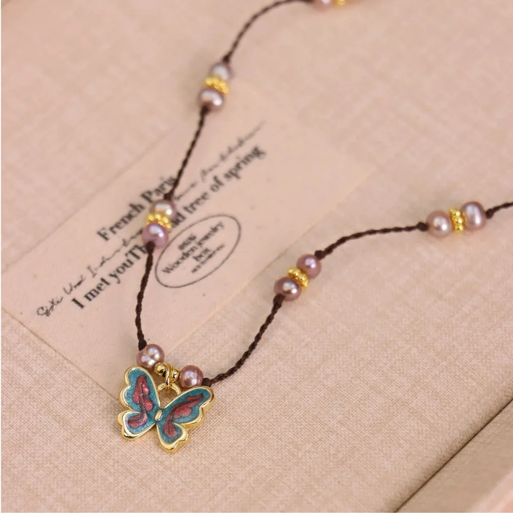 

2026 Retro High End Enamel Butterfly Pink Color Natural Freshwater Pearl Braided Necklace Very Long Exquisite Sweater Chain