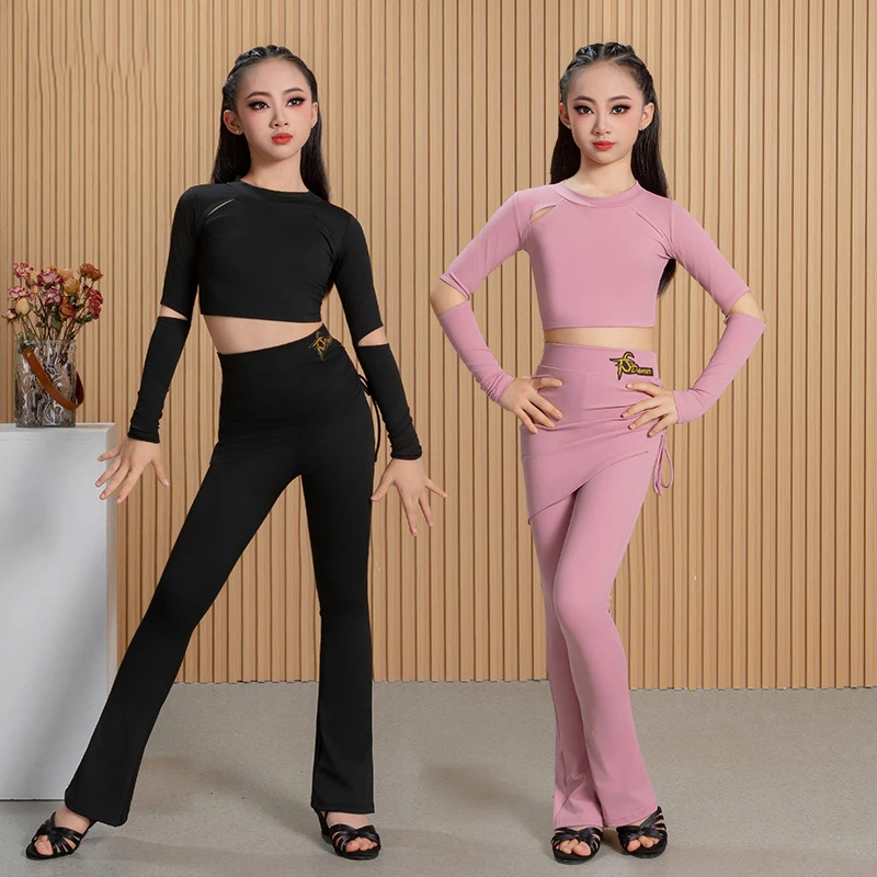 2025 ropa de práctica de baile latino para niños, Top de manga larga, pantalones de cintura alta, traje de Yoga Samba Chacha Tango, ropa latina para niñas DN21717