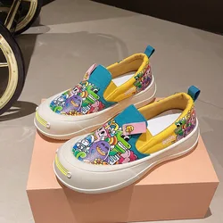 Women Platform Canvas Shoes 2024 New Fashion Casual Comfortable Round Toe Flats Girls Graffiti Cartoon Slip-on Sneakers Loafers