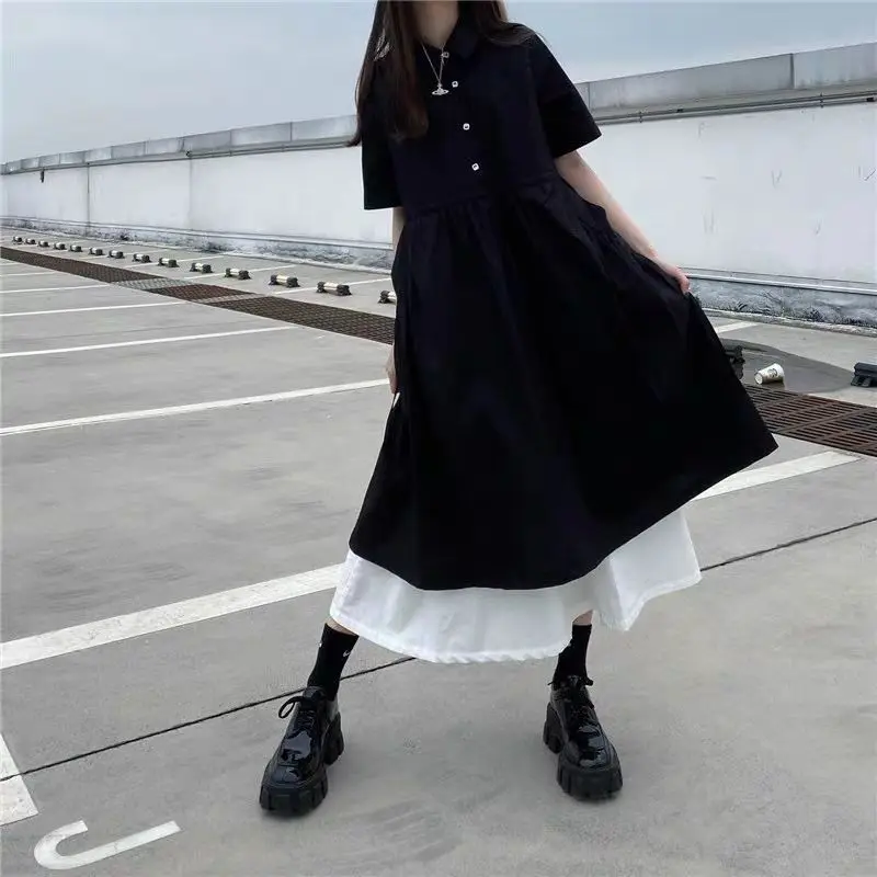 

2024 Summer Korean Polo Neck Short Sleeve Fashion Streetwear Outfit High Waist Solid Color Slim Fit Elegant Long Dresses D240