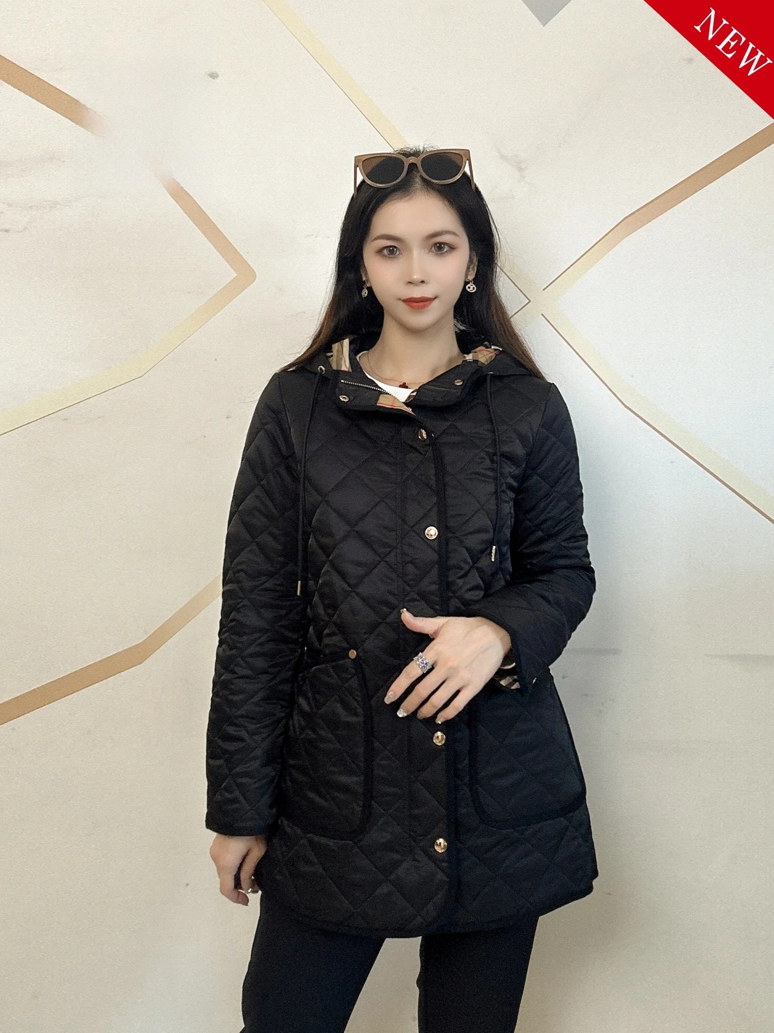 Chaqueta de Aodón para Mujer, Nueva Colección de Invierno, Diseño de Rombo, Casual, Versátil, Moderna, con Capucha, Larga, ...