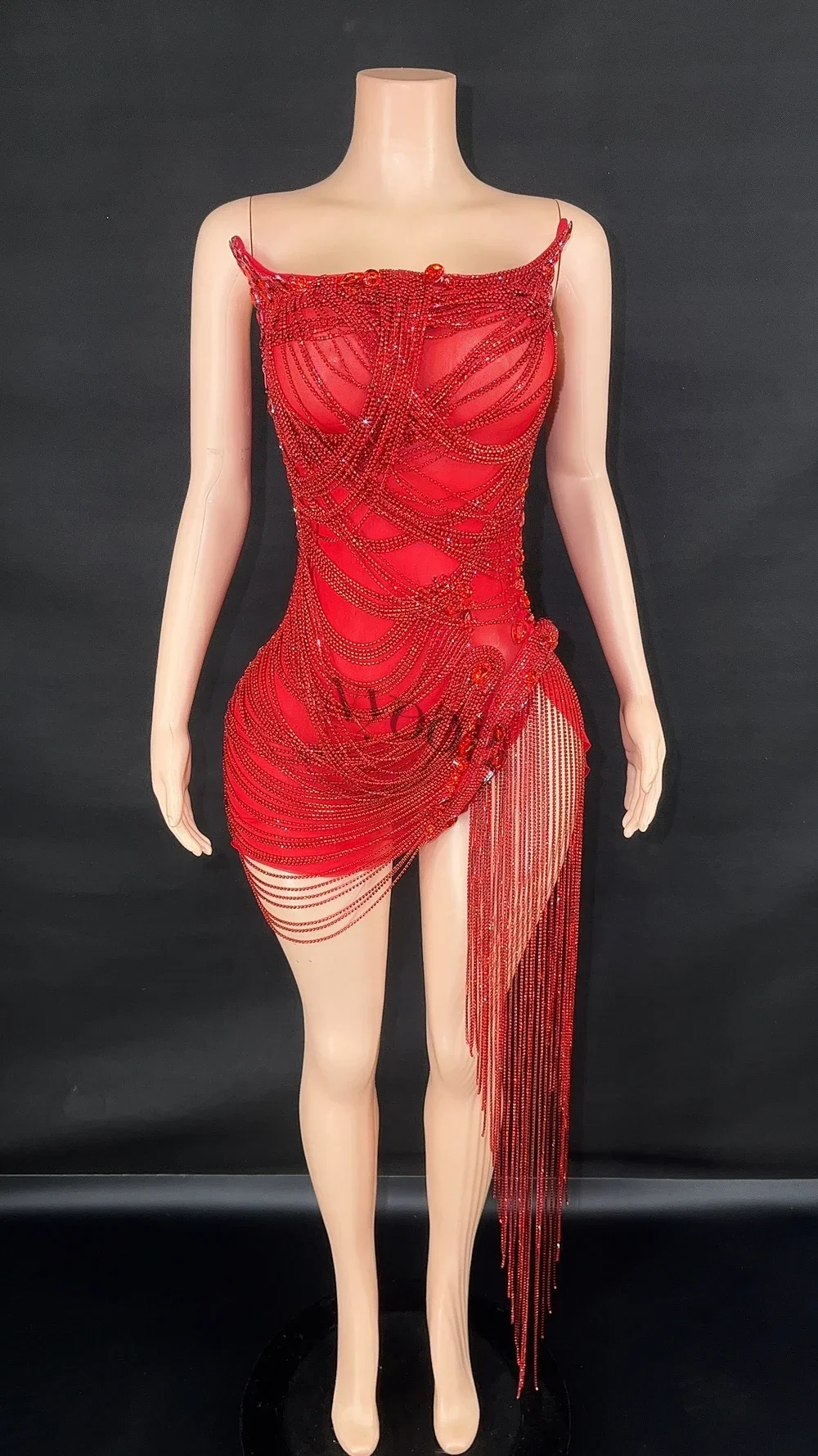 Red Rhinestones  Dress Fringes Mesh See Through Short Birthday dress Sexy CelebrateWedding Evening Prom gown outfit