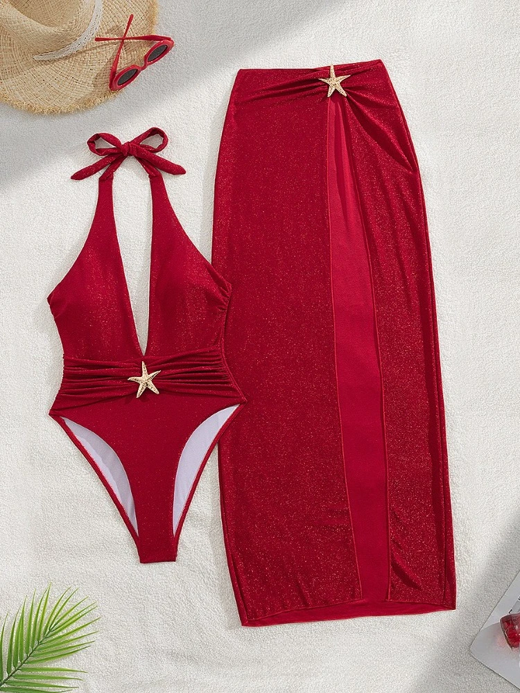 

2025 Shiny Red Long Skirt Swimwear Set 2025 Women Sexy Deep V Neck Metal Starfish Pleated Backless One Piece Swimsuit Beachwear