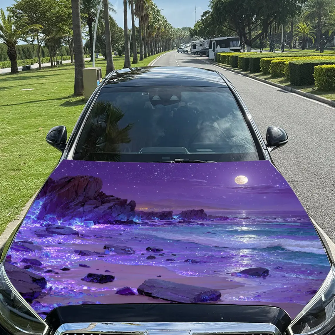 Purple Seaside Under Romantic Moonlight Print car hood stickers, waterproof self-adhesive, scratch resistant, easy to stick, dur