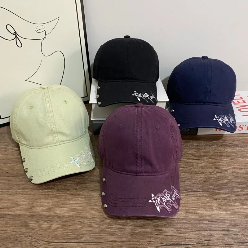 Retro Rivet Decor Soft Baseball Cap Unisex Distressed Embroidery Cotton Streetwear Dad Hat for Men Women