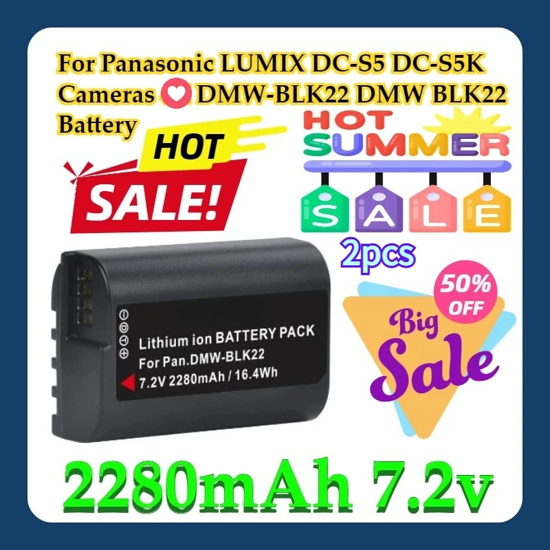 For Panasonic LUMIX DC-S5 DC-S5K Cameras 2280mAh DMW-BLK22 DMW BLK22 Battery 2pcs