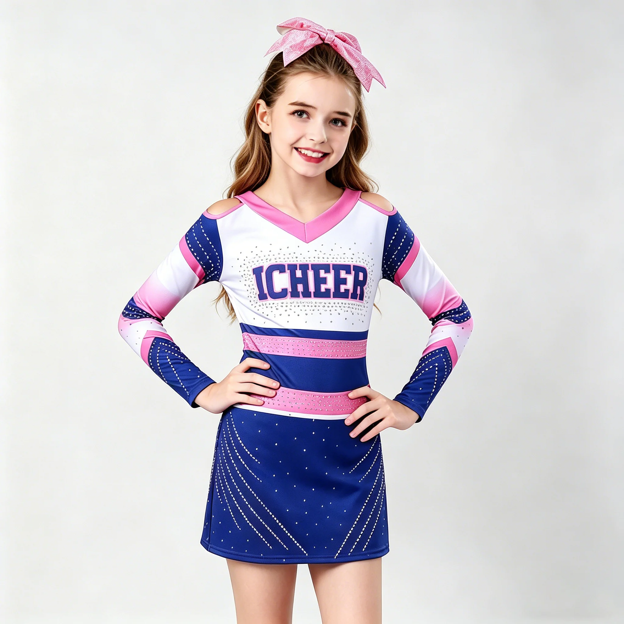 

Детский костюм для чирлидинга с блестящими стразами, длинными рукавами, розовым бантом, для выступлений и соревнований