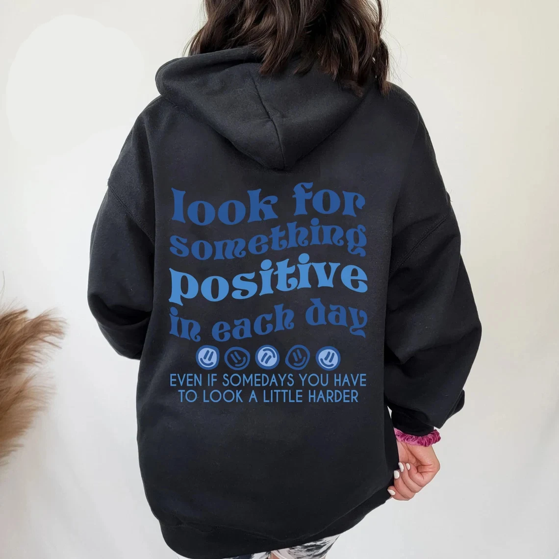 Look For Something Positive In Each Day Blue Print Women Hoodies All-Match Street For Unisex Autumn Pocket Sportswear Loose Tops