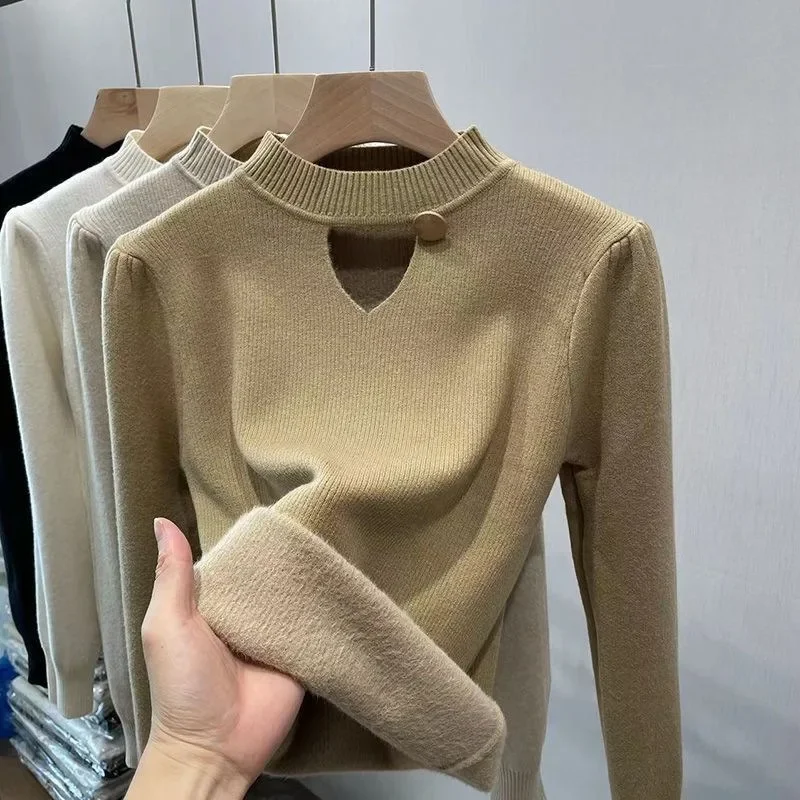 Hollow-out Design Fleece-lined Thickened Warm Sweater Half High Neck Knitted Base Shirt Women Autumn New Long Sleeves Pullover