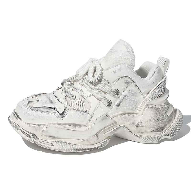 

American Retro Outdoor Casual Thick Soled Daddy Shoes for Men's Genuine Leather White comfortable Sports Height Increasing Shoes