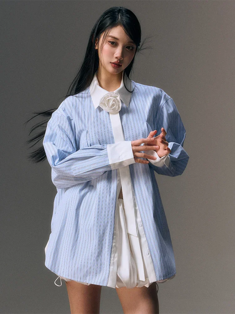 Zoki ثلاثية الأبعاد الأزهار مخطط قميص المرأة عادية أنيقة طويلة الأكمام الكورية بلوزة فضفاضة تصميم الأزياء المرقعة الإناث الحلو القمم جديد #5