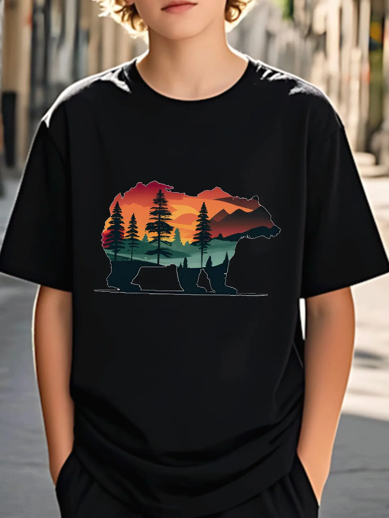 Sunset Mountain Forest Bear Silhouette Family Matching Cotton T Shirts Short Sleeve Summer Tees For Mom Dad Boys Girl Daily Tops