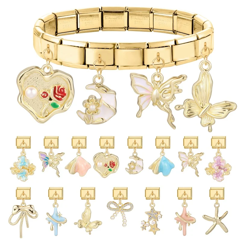 Zircon Shell Butterfly Bow Knot Heart Gold Color Pendant Italian Charm Links Fit 9mm Bracelet Stainless Steel Women DIY Making