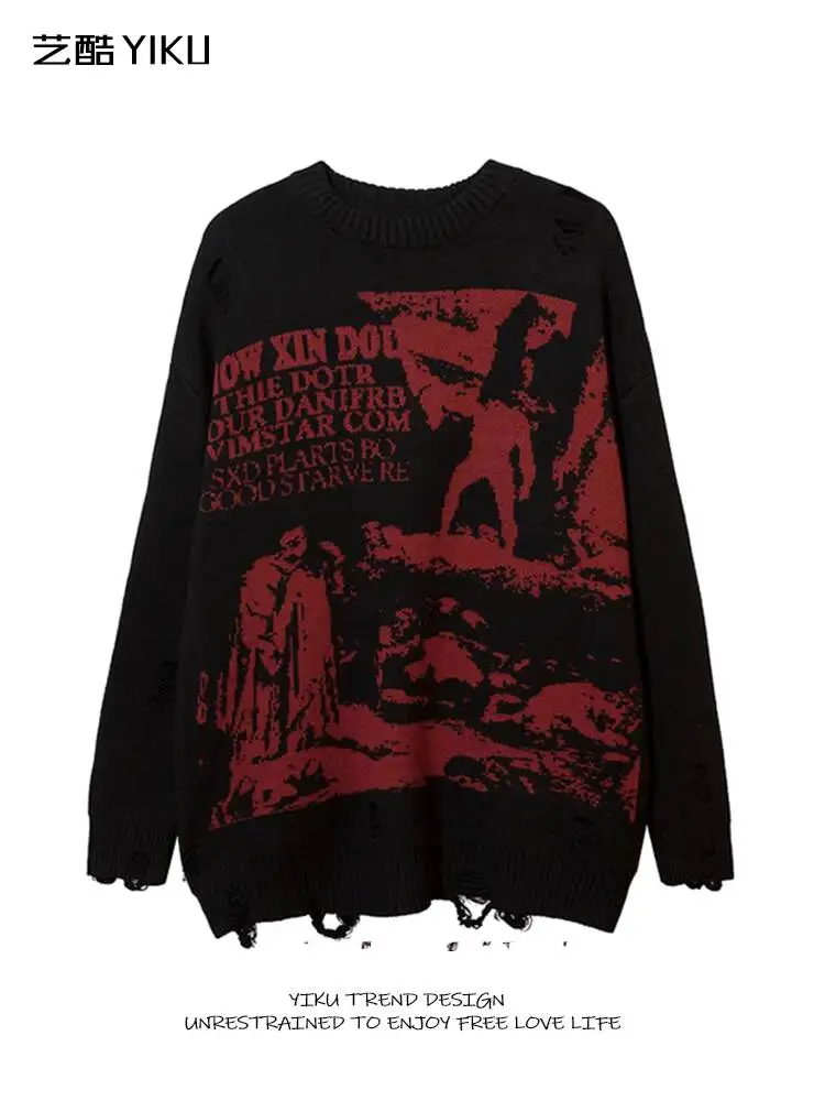 2026 Spring Unisex Sweater Gothic Punk Distressed Knit Sweater Edgy Subculture Letters Hip Hop Crew Neck Long Sleeve Streetwear