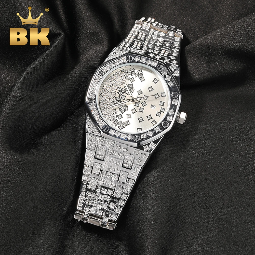 

THE BLING KING Men's Big Dail Quartz Watch Iced Out Bling Diamond Top Dual Clock Luxury Waterproof Wrist Watch