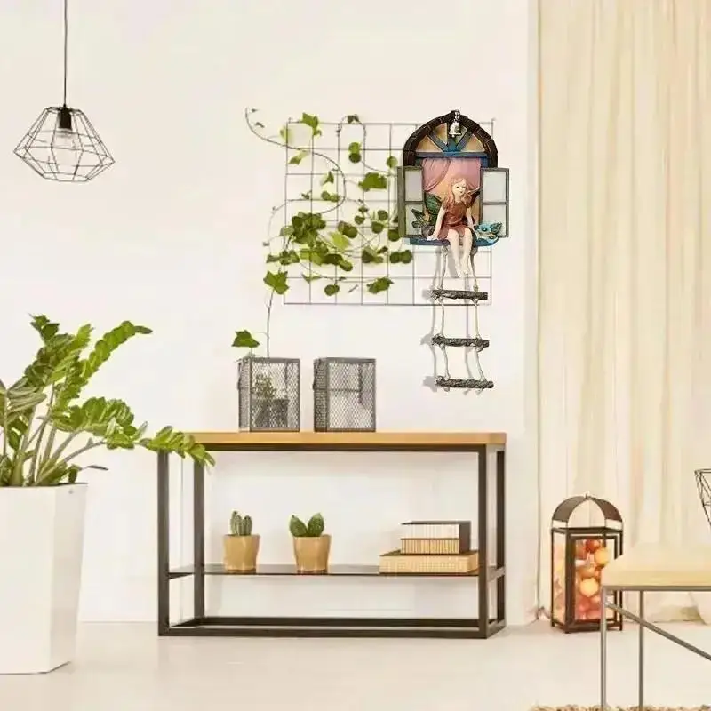 Casa de Hadas colgante de resina con escalera y ventana para jardín - imagen 4