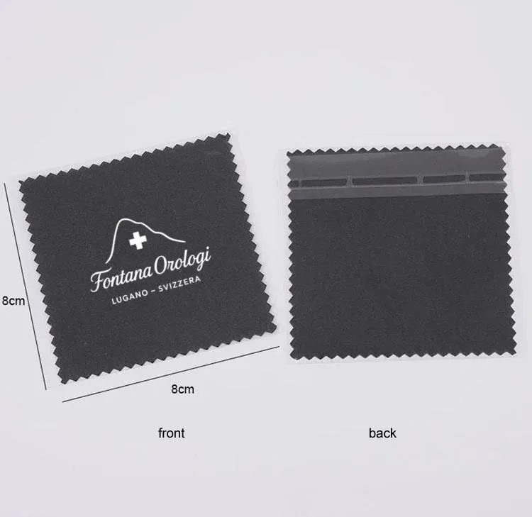 

100 шт., черные замшевые салфетки для чистки с индивидуальным логотипом 8*8 см, трафаретная печать с белым логотипом и индивидуальной упаковкой
