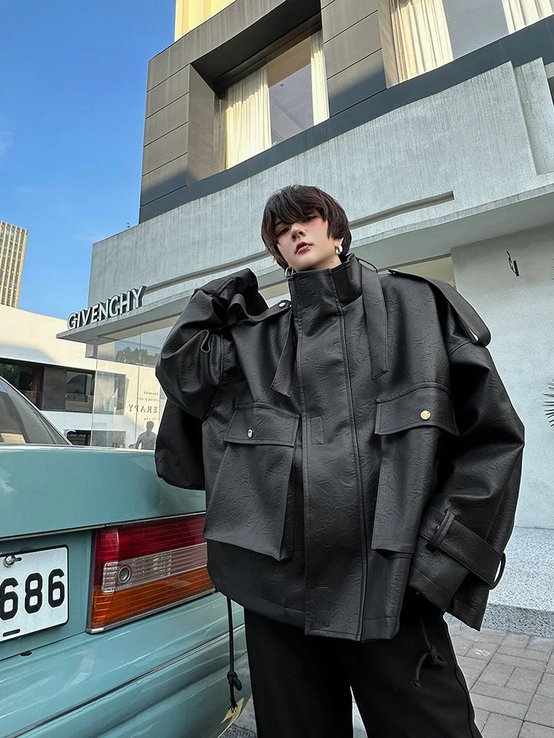 

Leather Jaet Men's ort PU Leather Motorcycle Jaet Trendy Loose Workwear Top Youthful Vitali Sle k Stitch Line Po...