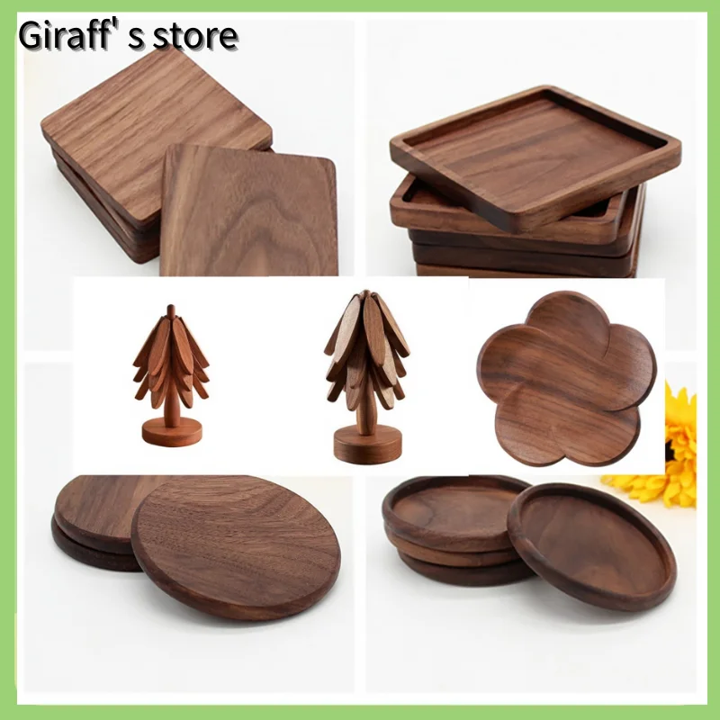 Solid Walnut Wood Coaster Round Square Petaloid Wood Cup Mat Heat Resistant Tea Coffee Cup Pad Placemats Table Tableware Decor