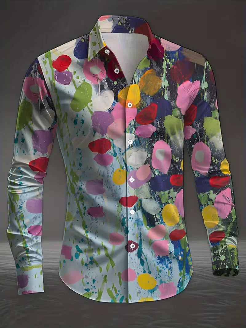 New men's fashionable long sleeved shirt with elegant 3D floral print and exquisite floral long sleeved shirt top