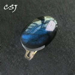 CSJ Elegant Natural Labradorite Adjustable Ring Sterling 925 Silver Big stone for Women Party Birthday Christmas Jewelry Gift