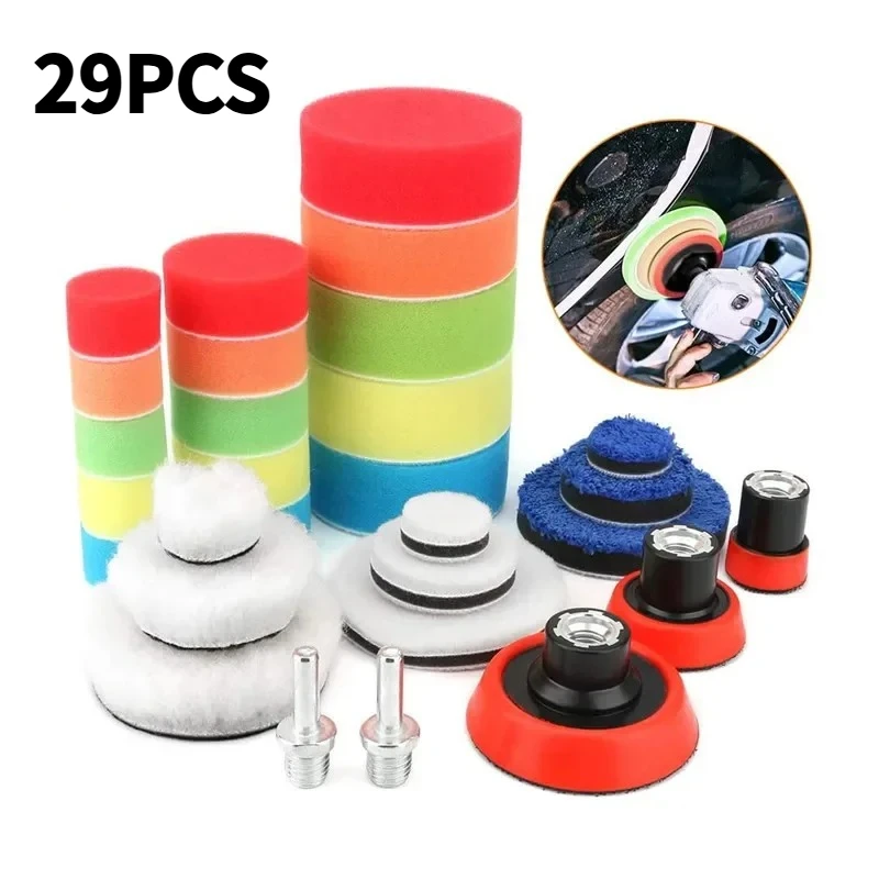 29Pcs/set Car Foam Drill Polishing Pad Kit 1.2/2/3 Inch Buffing Pads Sponge Set Kit M14 Drill Adapter Power Tool Car Polisher