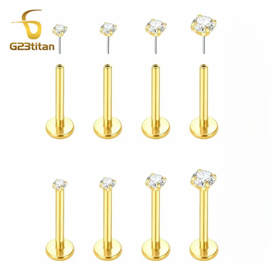 2pc G23 Titanium Push In Earrings Flat Back 20G 18G Threadless CZ Zircon Labret Lip Nose Ring Ear Helix Tragus Piercing Jewelry