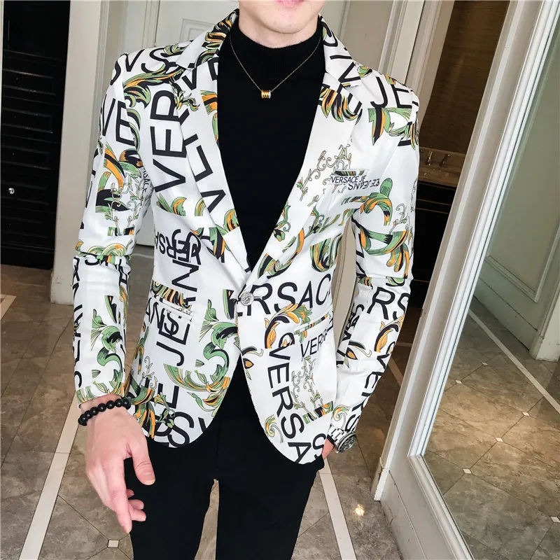 Spring and Autumn Men Suit New Product Fashion Trendy Men\'s Letter Printed Small Suit Floral Suit Men\'s Casual Suit Clothing