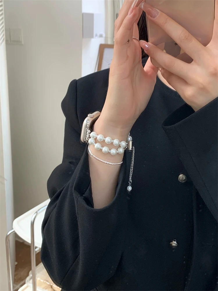 Luxury Diamand White Pearl Bracelet For iWatch Series 8 7 6 5 4 3 SE Women Slim Strap For Apple Watch 41mm 40mm 38mm 45 42 44 49