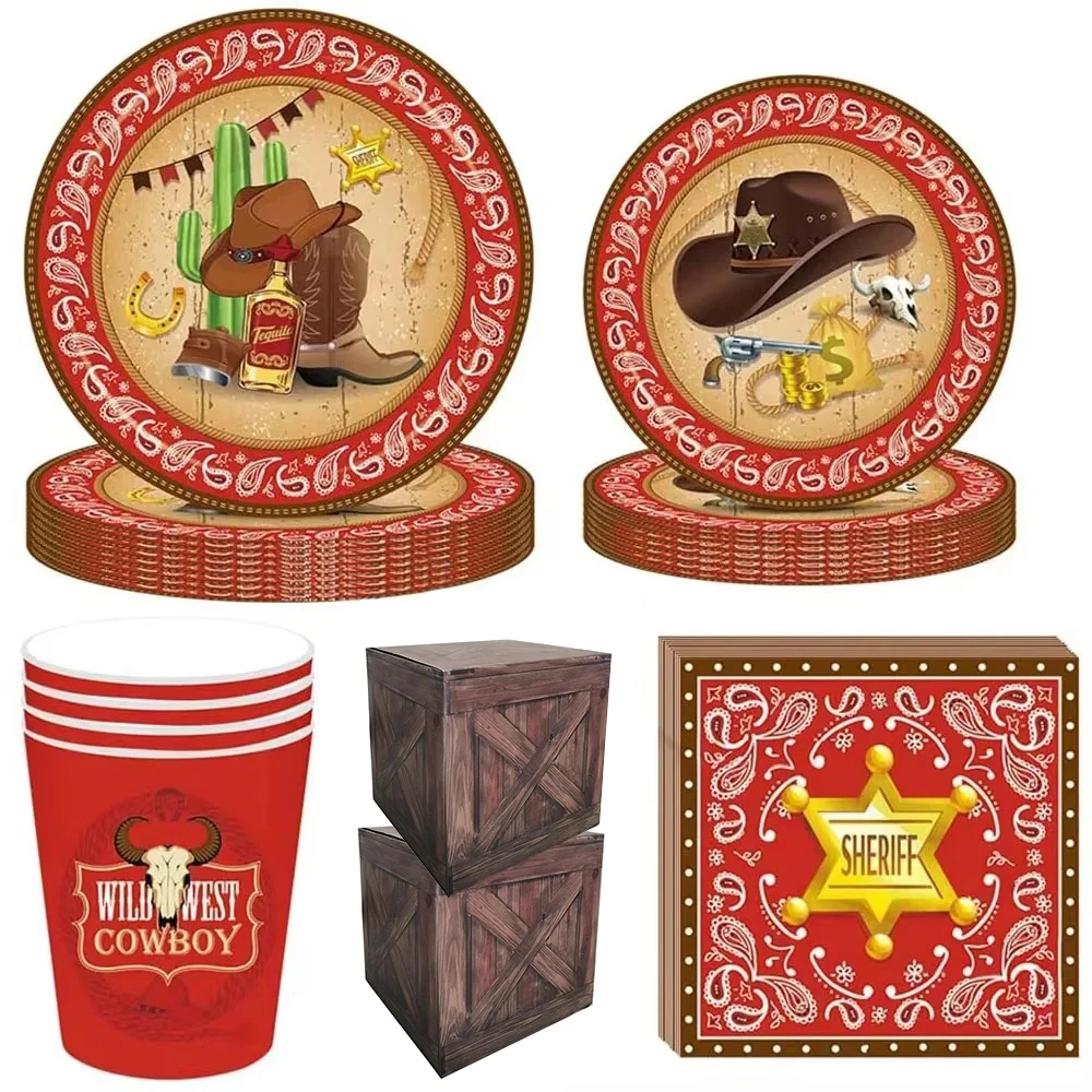 Suministros para fiesta de cumpleaños de vaquero, vajilla, platos de papel, vasos de papel, servilletas, pajitas, tema de niños del Salvaje Oeste, Kit de cubiertos de cumpleaños, decoración