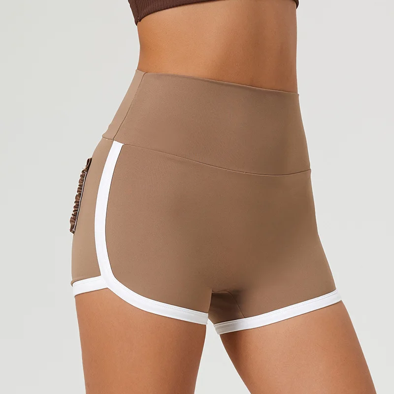 Zipper Crotch Summer Sexy Ruffle Pockets Shorts Women Fitness Sports High Waist Bottoms