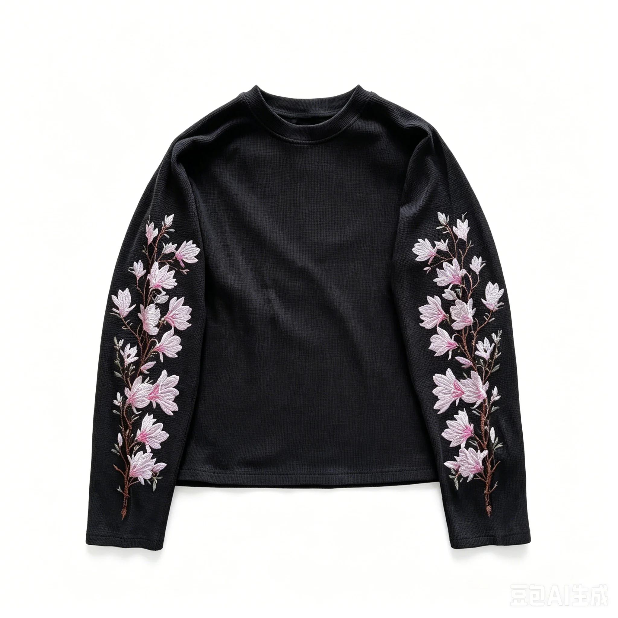 Chic Embroidery Y2K Retro American High Street Fashion Harajuku Knitted Long-sleeved Round Neck Magnolia Embroidered T-shirt