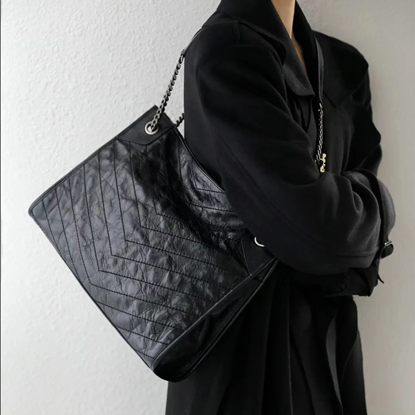Women's Chevron Chain Tote Bag Split Cowhide Leather Large Capacity Open Top Shoulder Underarm Bag Daily Casual Commuter Bag
