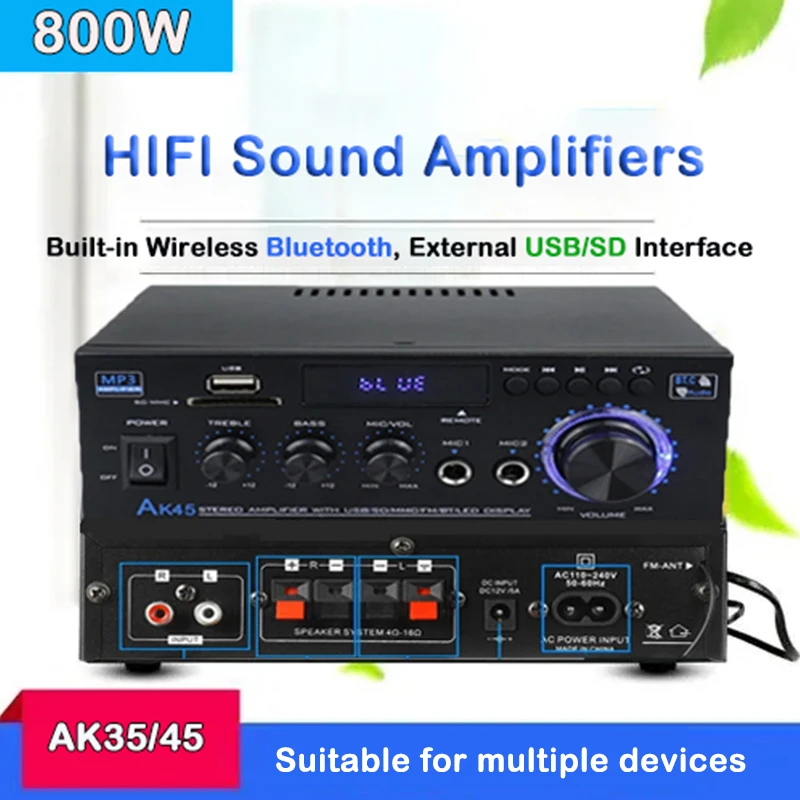 AMPLIFICADOR DE POTENCIA AK35/AK45, 800W, 2 canales, Bluetooth, miniamplificador de sonido Hifi para cine en casa, Karaoke, compatible con FM, USB,