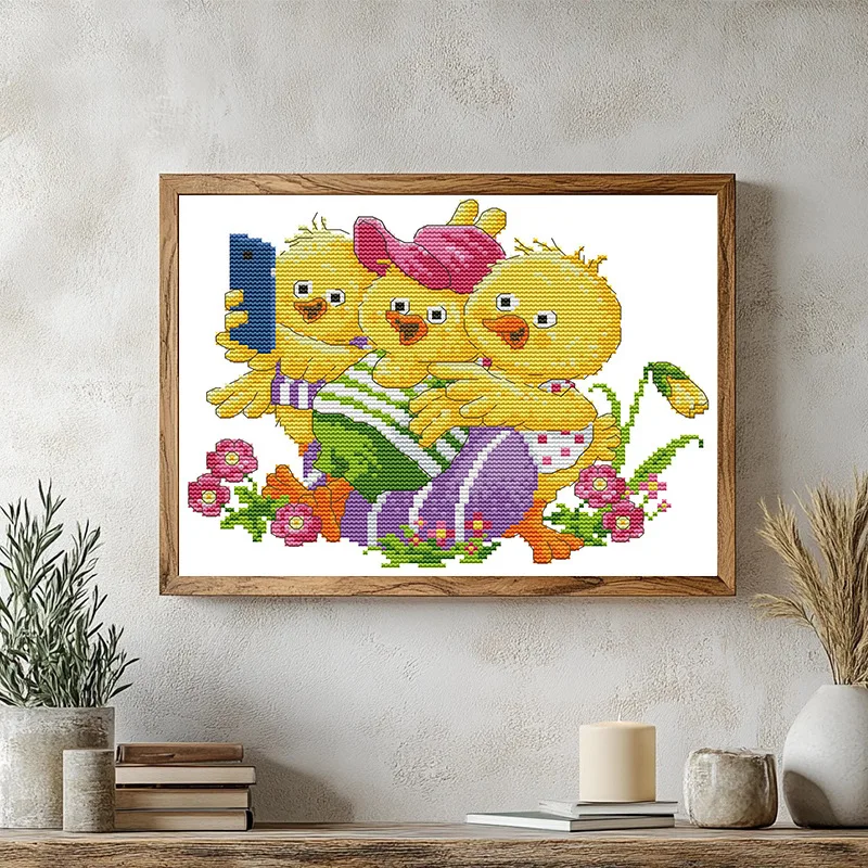 

Soulgift Stamped Pre-Printed Cross Stitch Kits, 9CT/11CT/14CT/16CT Fabric With DMC Threads, Easy To Follow - Three Happy Chicks