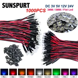 20-1000Pcs/lot 20cm 3mm 5mm pre wired Flat Top LED lights Prewired DC5V 12V 24V Dip light-emitting diode For DIY Home Decoration