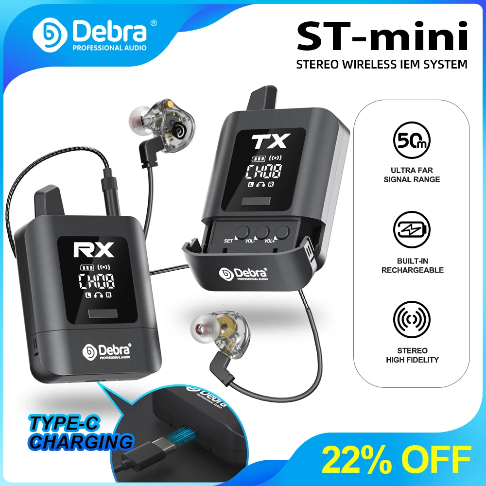 ST-mini 2.4G Wireless In-Ear Monitoring System, Stereo HD Audio, 30-50m Range, 11 Channels, 10H Battery, Type-C Charging, for Li