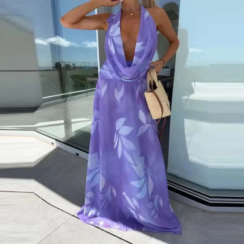 Female Sexy Halter Hollow Sleeveless Holiday Bohemian Lace Up Casual Beach Fashion Pattern Print Backless Long Dress
