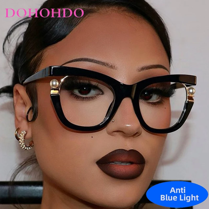 Vintage Brand Designer Pearl Cat Eye Optical Glasses Men Women Trendy Luxury Computer Anti-Blue Light Protection Spectacle Очки