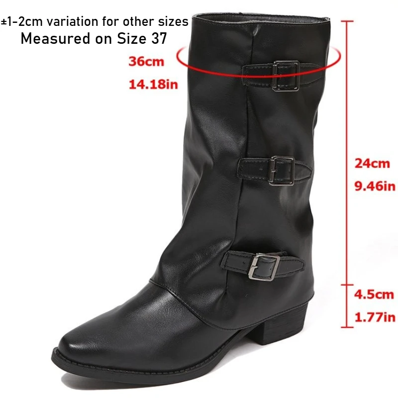 Women Wide Calf Slouch Mid‑Calf Biker Boots 3 Metal Buckle Decor Faux Leather Pointed Toe 4.5CM Block Heel Punk Gothic Boots