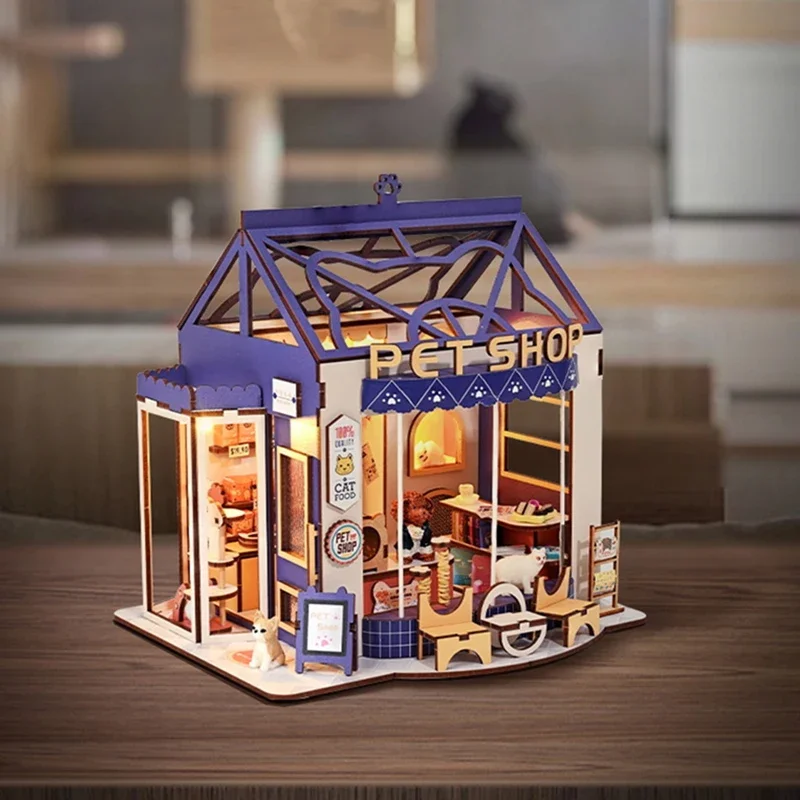 Figurines Miniatures Bookstore Cottage DIY Wooden Bookend Assembled Houses Cat Room Casa for Friends Birthday Gift Home Decor
