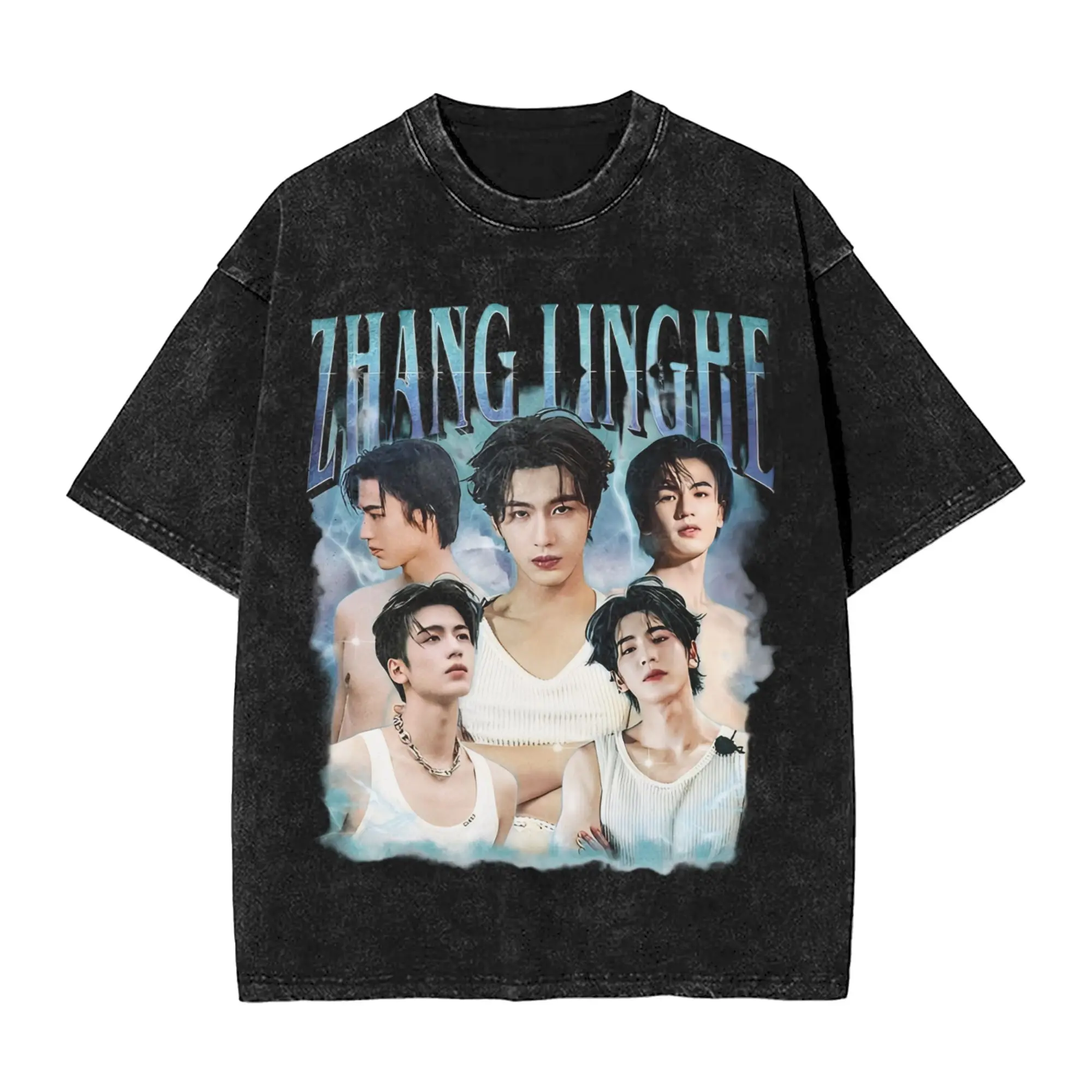 Zhang LingHe Washed T Shirt Streetwear Hip Hop T-Shirt C-Drama Actor Tee Shirt for Men Women Short Sleeve High Street Printed