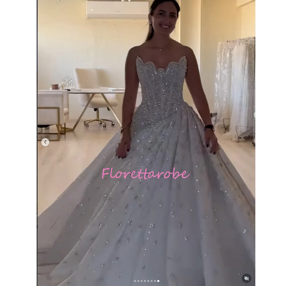Exquisite Ball Gown Prom Dresses Strapless Luxury Beads Sequins Evening Dress Customized Strapless Sexy Wedding Gowns