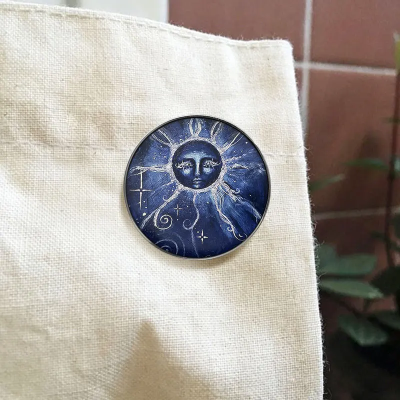 Blue Sun God Face UV Printing Pin Boho Style Celestial Fantasy Art Brooch Backpack Lapel Badge Jewelry Gift