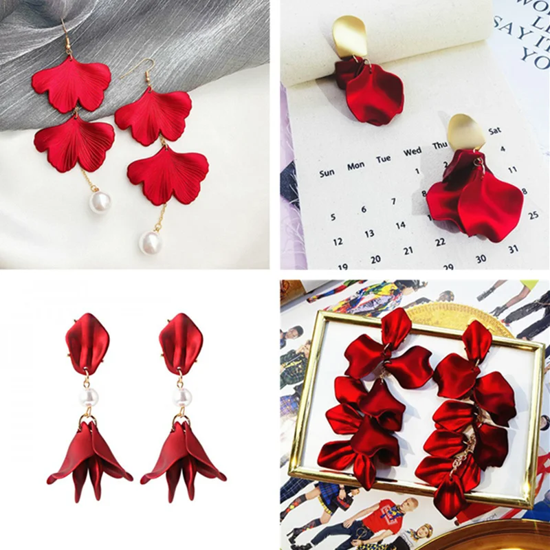 Red Flower Earrings Rose Earrings For Women Gilrs Long Pendant Earring Rose Ear Pendant Wedding Party Jewelry Gifts