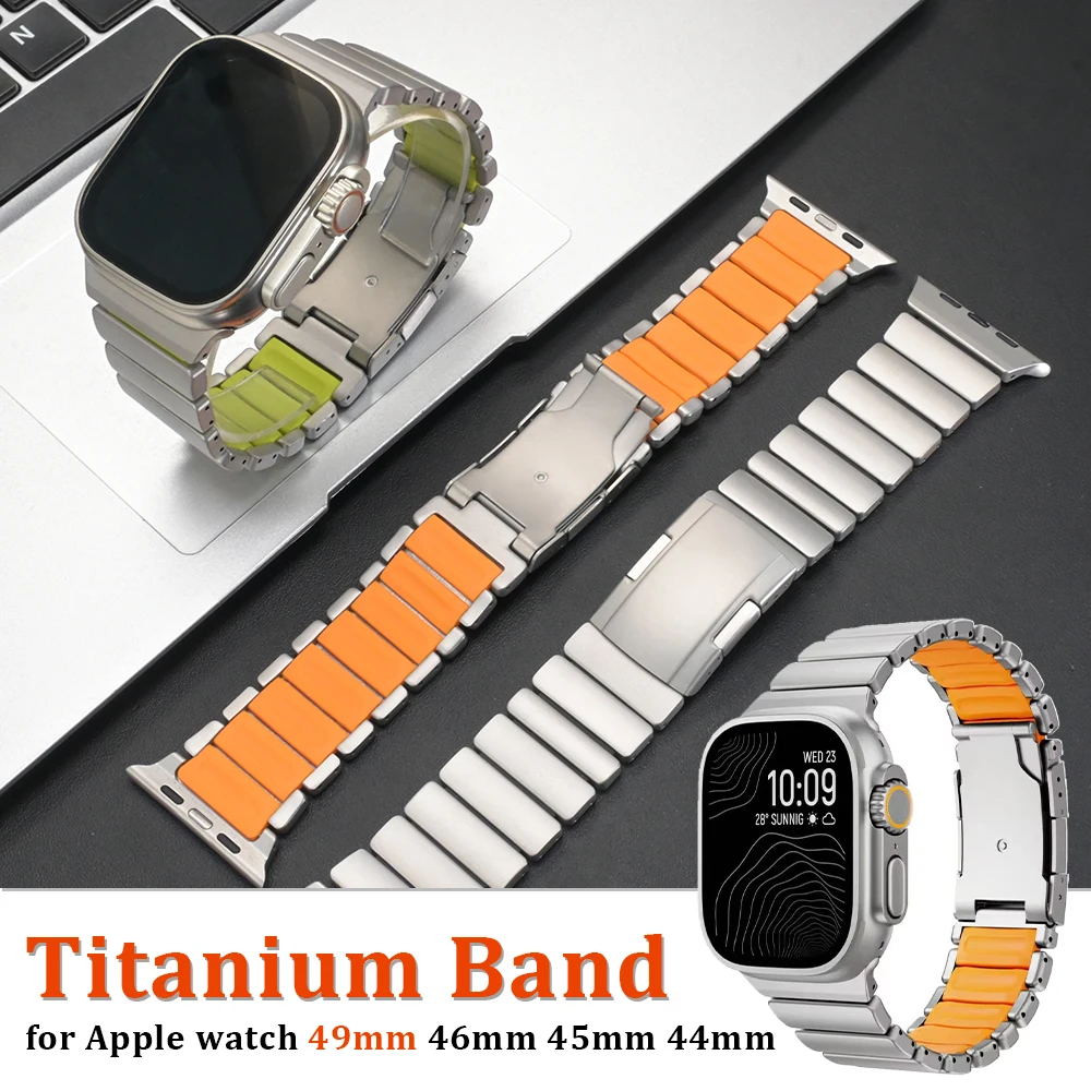 

Титановый ремешок с резиновой вставкой для Apple Watch Ultra 3 2 49 мм, Series 11 10 46 мм, роскошный ремешок для iWatch 9 8 7 45 мм, 6 5 4 SE3 44 мм, браслет