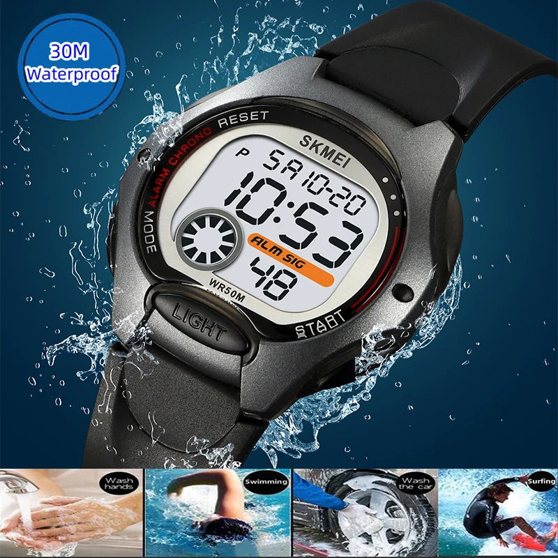 Relojes deportivos impermeables marca Skmei para niños, reloj despertador con cronógrafo Digital LED, reloj de pulsera para niños de 12 a 24 horas, niños y niñas