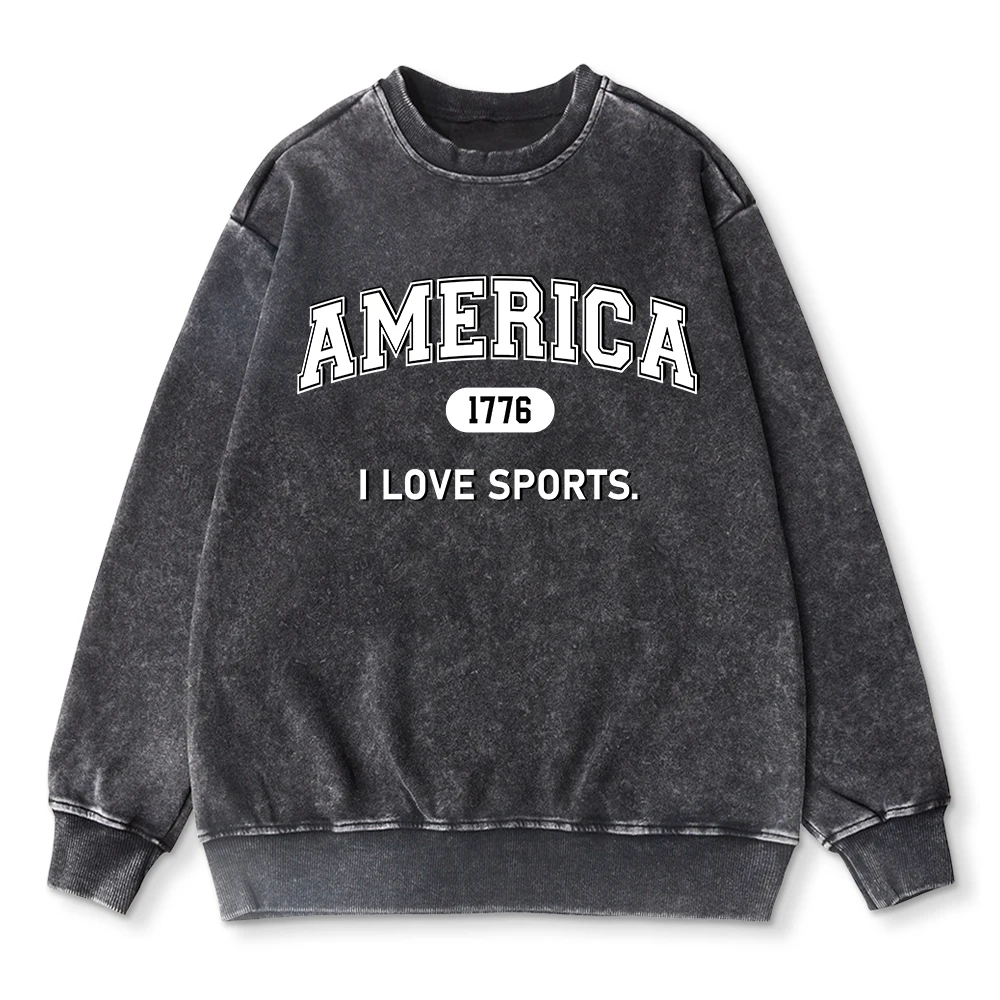 Autumn Womans Washed Hoodie America I Love Sports Letter Prints Sweatshirt Cotton Warm Oversized Pullover Couple Casual Clothes