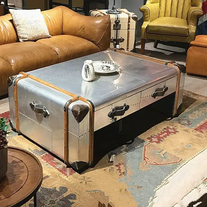 LOFO industrial style aged rattan coffee table, vintage cigar room storage cabinet, whiskey metal design aluminum case