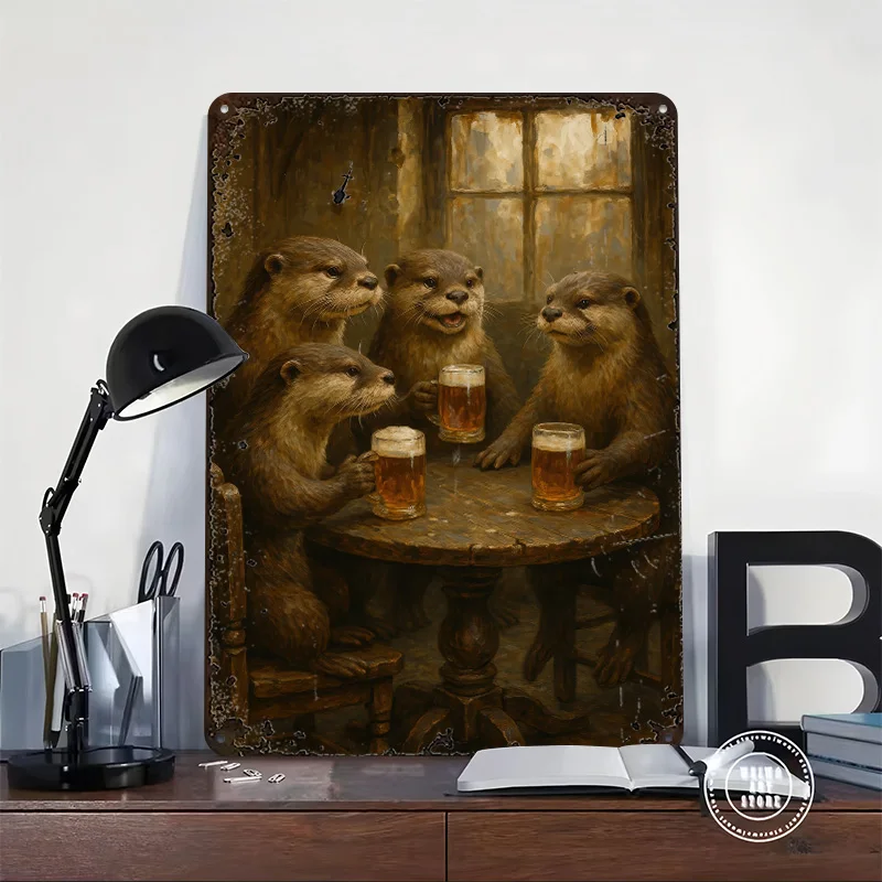 Otters Drinking Beer At a Table Printing Poster Customized Retro Wall Art Vintage Metal Signs for Mancave Decoration Garage Home
